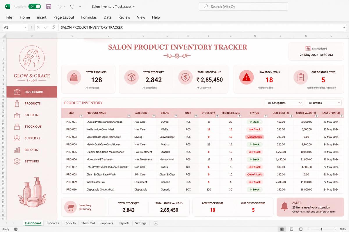 Product Inventory Tracker Excel dashboard preview for salon owners